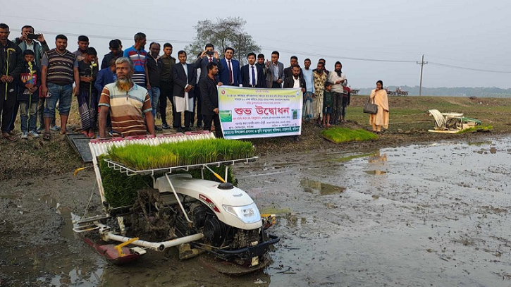 বোয়ালমারীতে রাইস ট্রান্সপ্লান্টারের মাধ্যমে ধানের চারা রোপণ